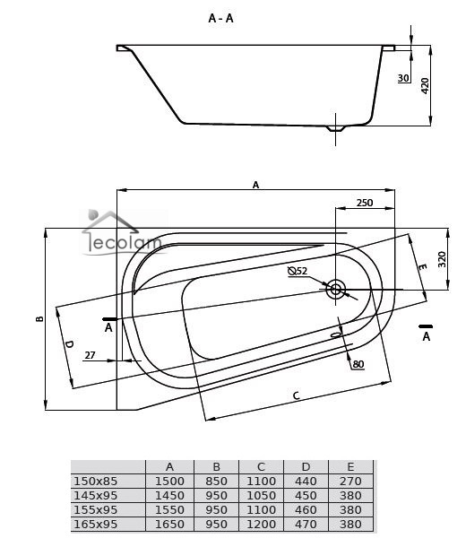 Eckwanne Fortuna 150 x 85 links abmessung