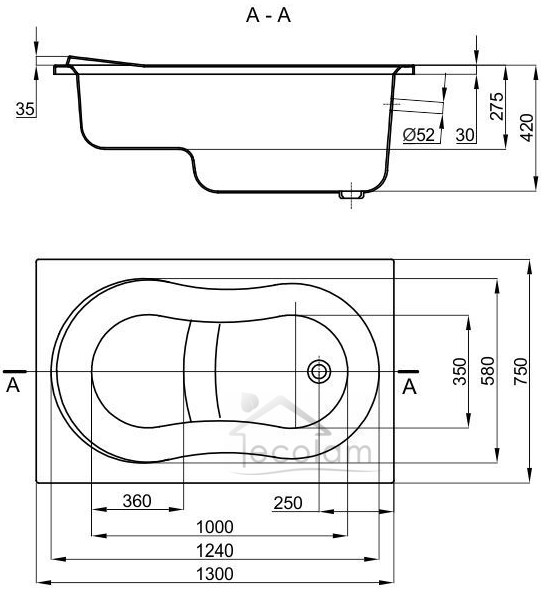 Badewanne Rechteck mit Sitz Wivea 130x75 cm Abmessung