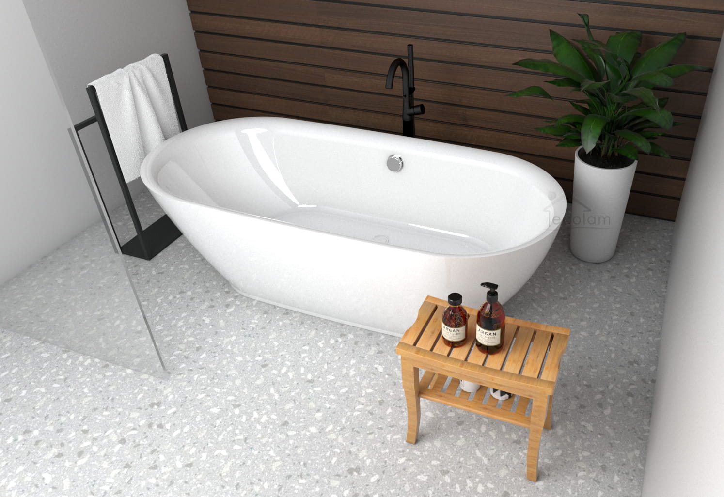Freistehende Standbadewanne Badewanne Acryl 180 x 82 cm Ab- und berlauf  Adele + Tisch Badbank Bambus ECOLAM